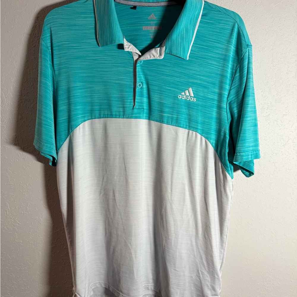 adidas Men's Teal and White Colorblock Polo Shirt
